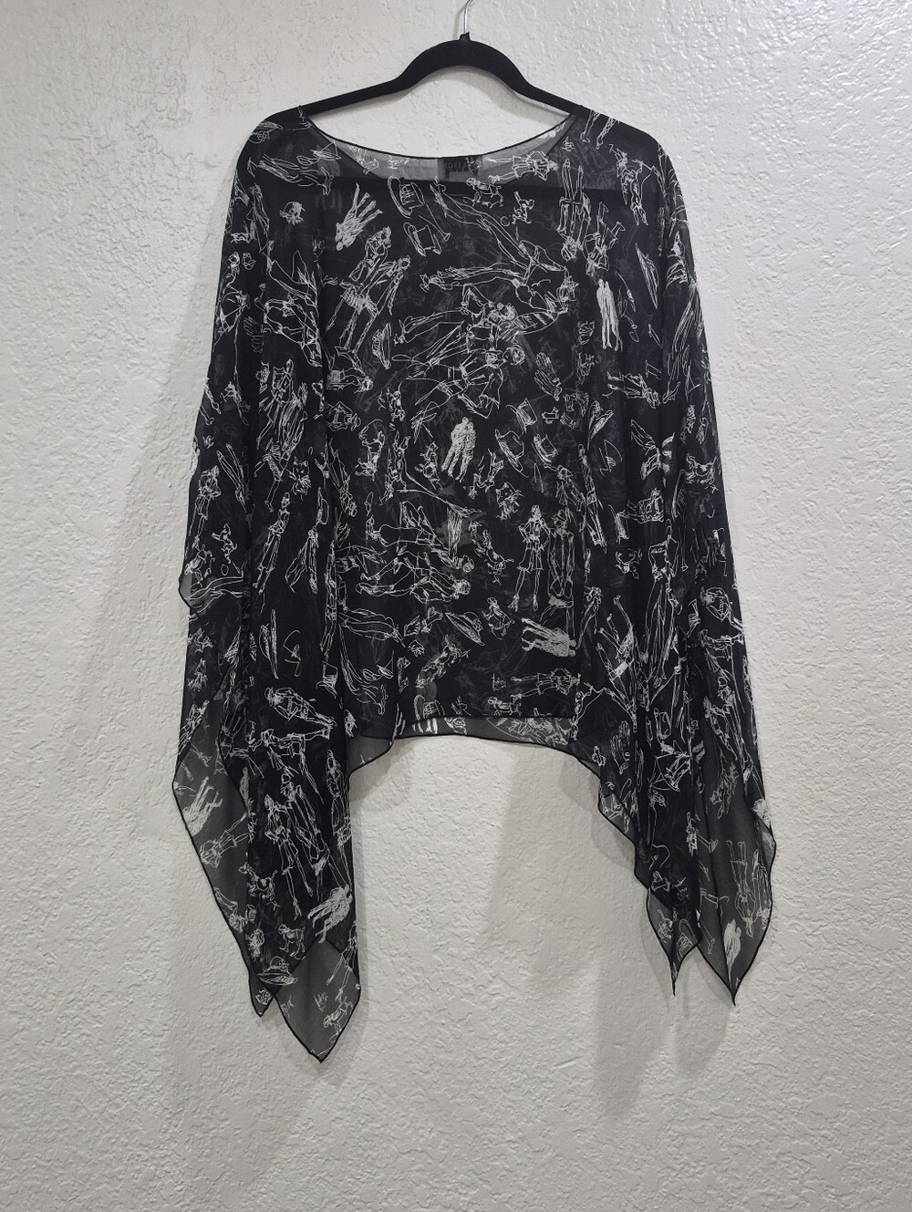 Allison Taylor 100% Silk Sheer Black Overlay Poncho Sketch Print M/OS - Picture 4 of 9